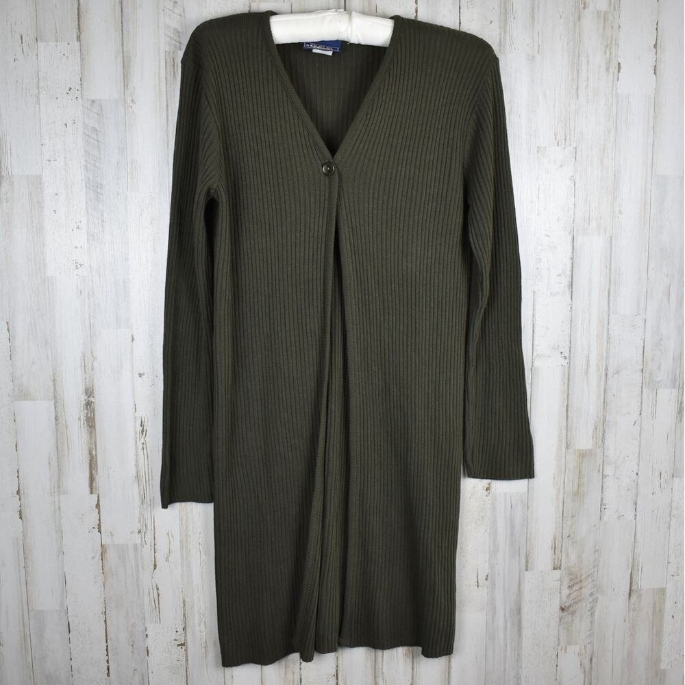 Vintage 90s Y2K Duster Cardigan Sweater Women Junior L Olive Green Ribbed Knit